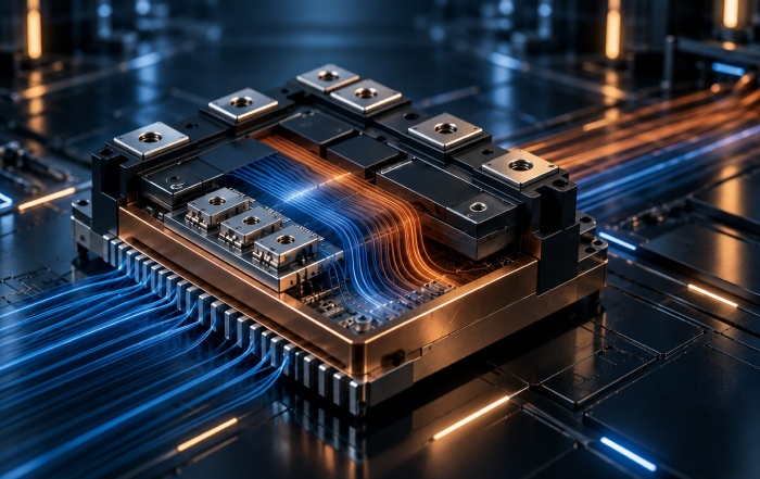 Power module showing engineered cooling paths and thermal interconnections